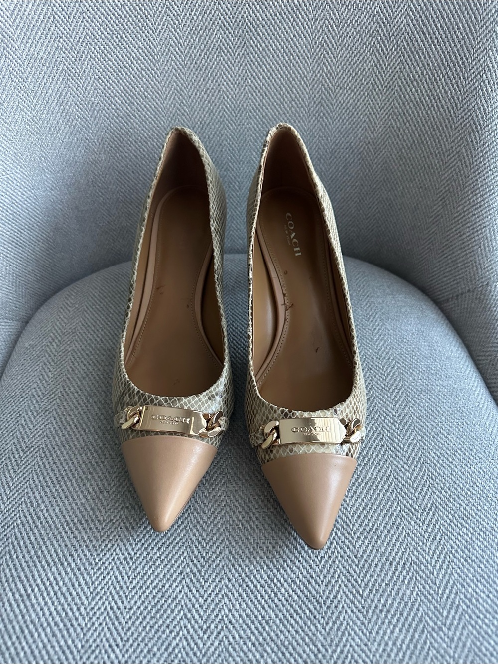 Coach Beige Pointed-Toe Pumps with Gold Chain Accent